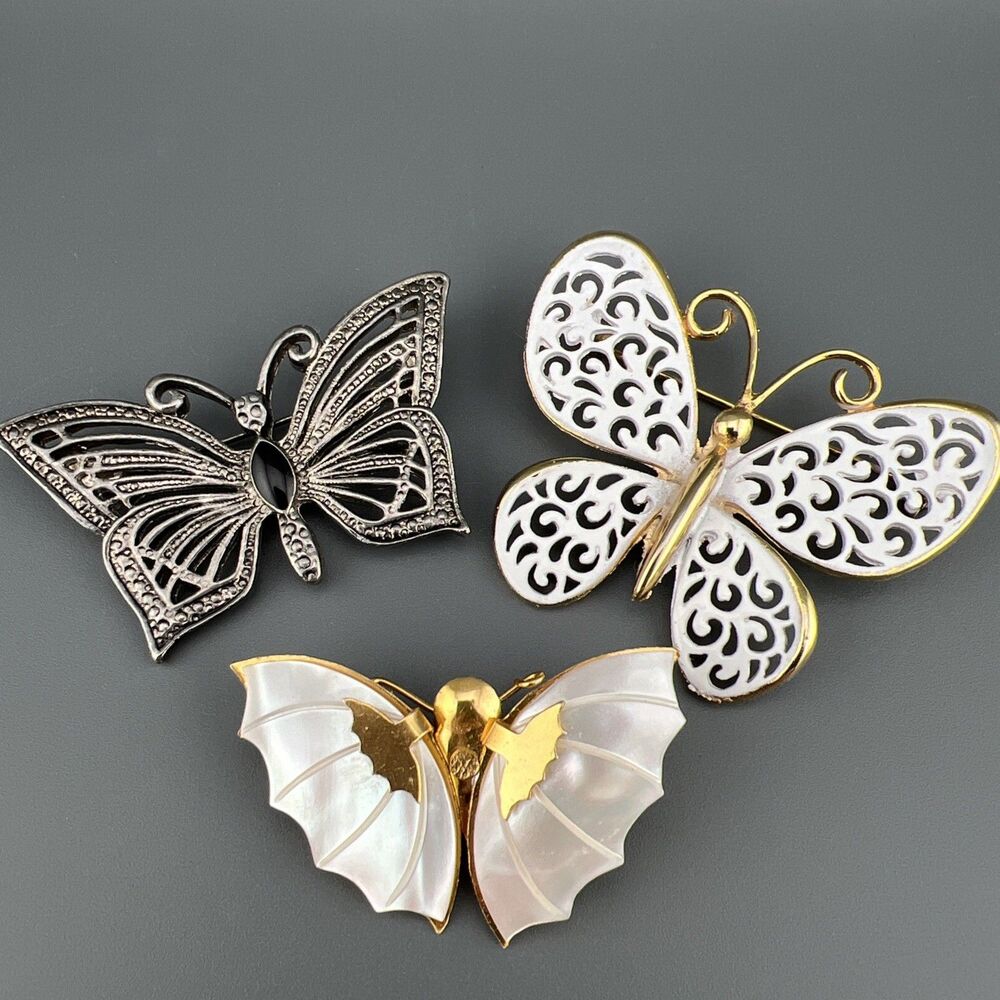 Vintage Butterfly Brooch Lot of 3 Mother Of Pearl Open Work Filigree Some Signed